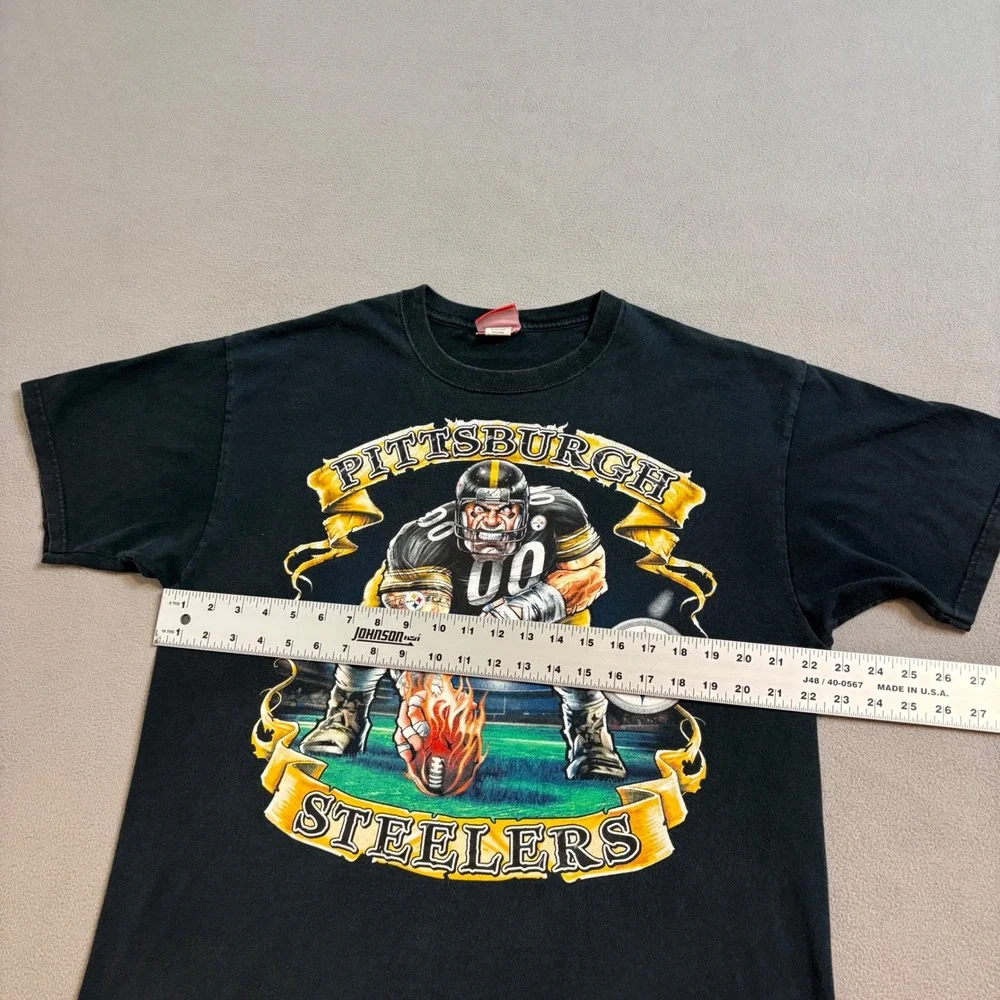 VTG NFL Pittsburgh Steelers Graphic T-Shirt Black Mens XL Football Flaming Ball
